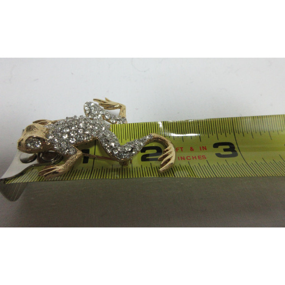 Gold Tone jewelry Clear Crystal Rhinestone Tiny Frog Toad Pin Brooch 2" - Picture 2 of 5